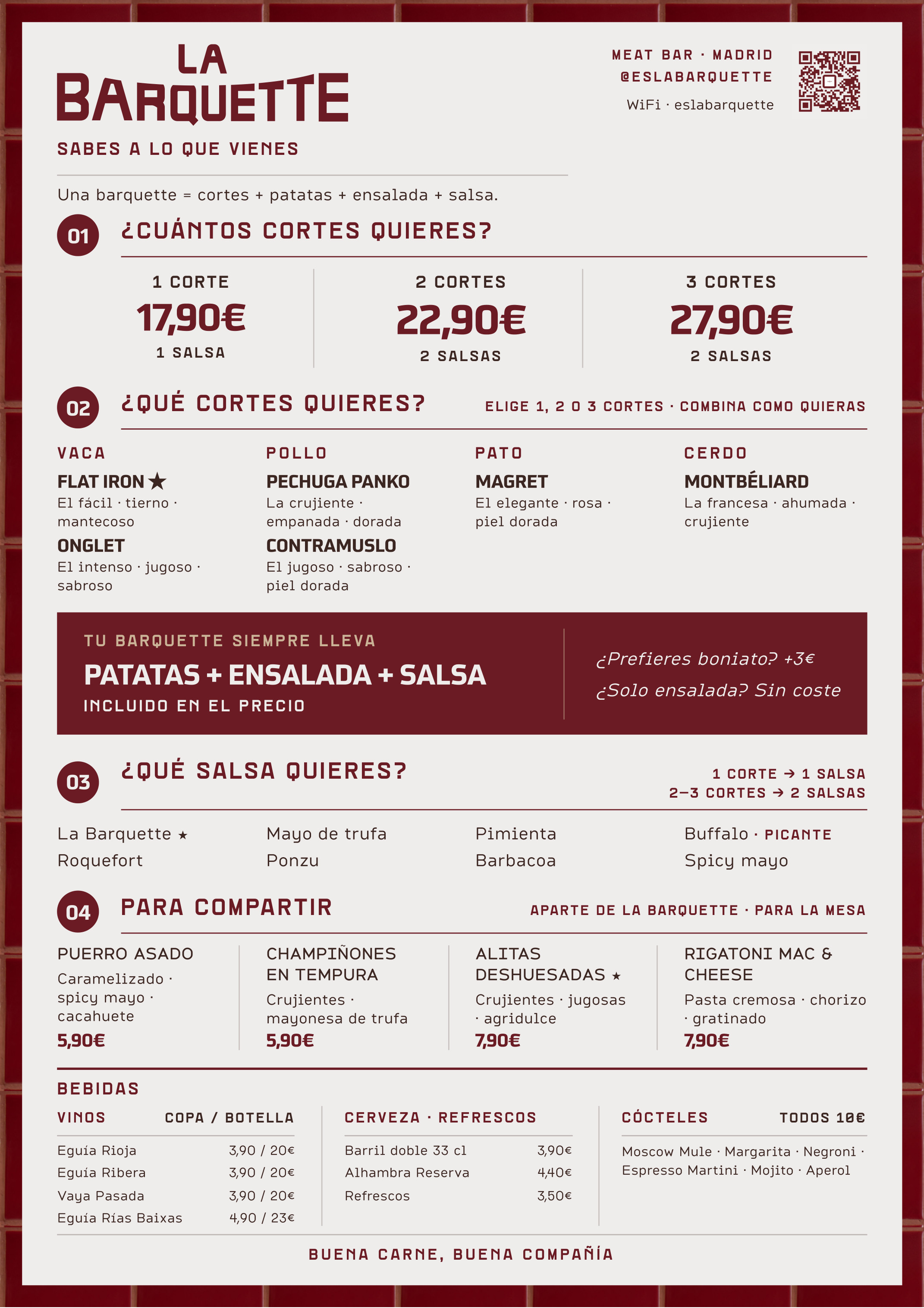 Carta de La Barquette — cortes, salsas, bebidas y cócteles